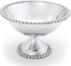 Metal Bowl with Pedestal and Bead Borders