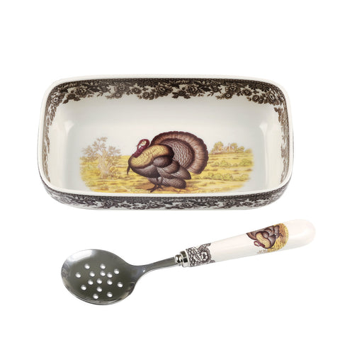 Spode - Woodland Cranberry Dish with Slotted Spoon