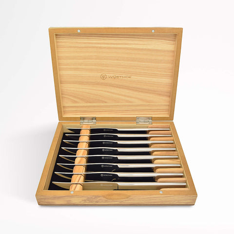 WÜSTHOF 8 Piece Stainless Steak Knife Set in Olivewood Chest